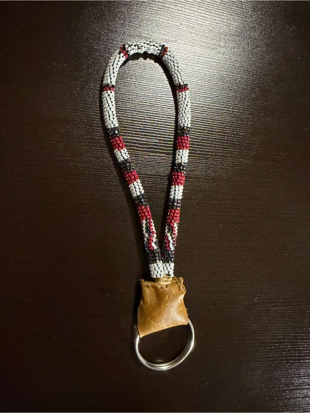Beaded Wrist Keychain - Red, White & Black with Tan Leather Accent